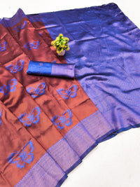 Wine Red Silk Saree with Blue Butterfly Motifs & Border