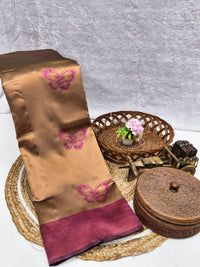 Golden Beige Silk Saree with Magenta Butterfly Motifs & Border
