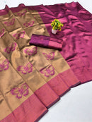Golden Beige Silk Saree with Magenta Butterfly Motifs & Border