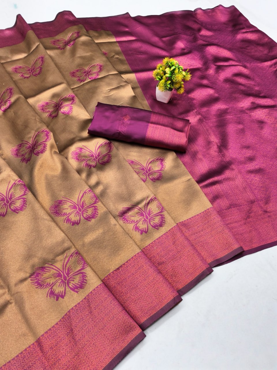 Golden Beige Silk Saree with Magenta Butterfly Motifs & Border