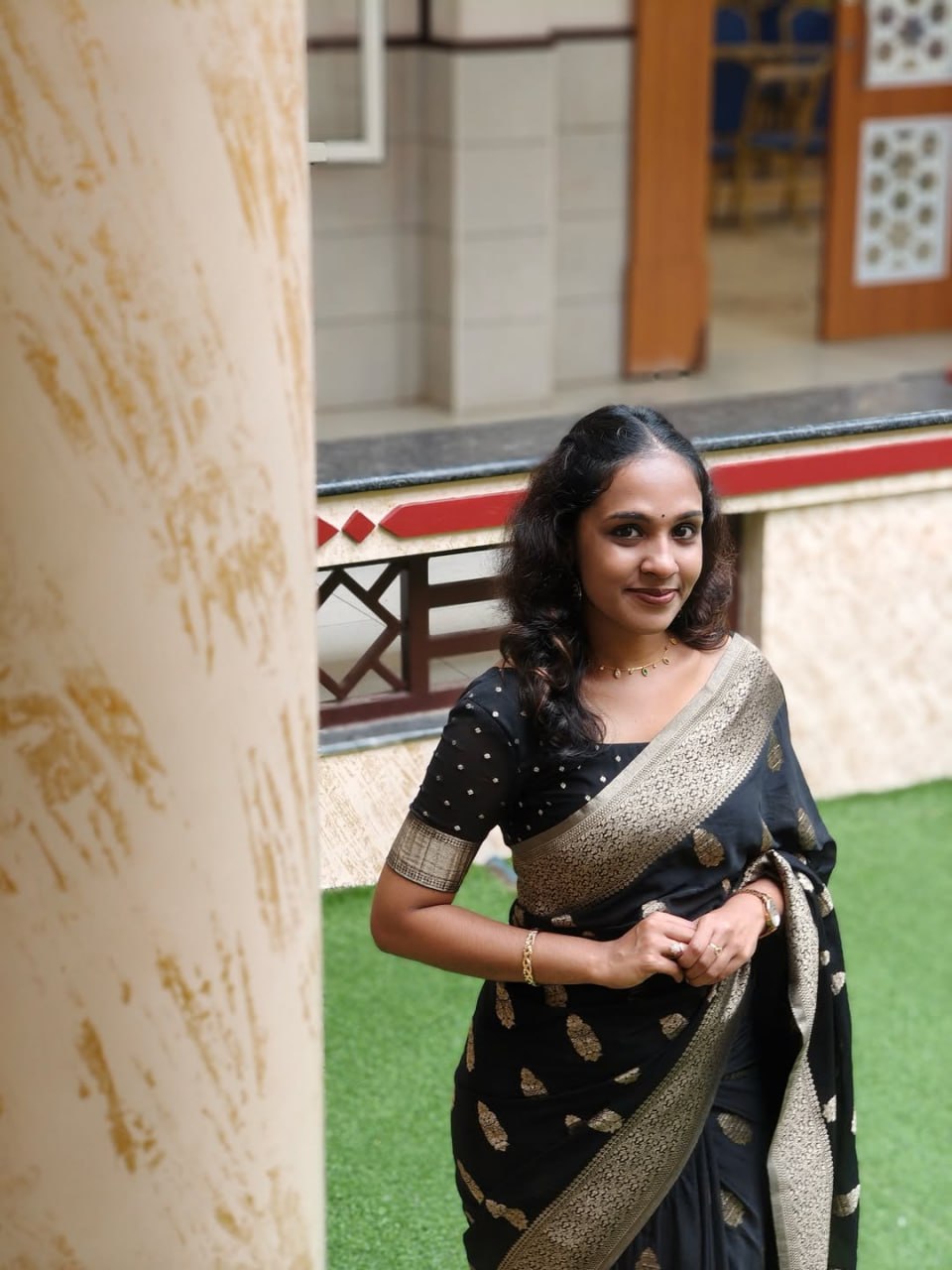 Black Silk Saree with Antique Gold Zari Motifs & Border