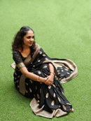 Black Silk Saree with Antique Gold Zari Motifs & Border