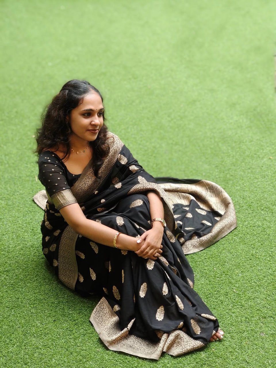 Black Silk Saree with Antique Gold Zari Motifs & Border