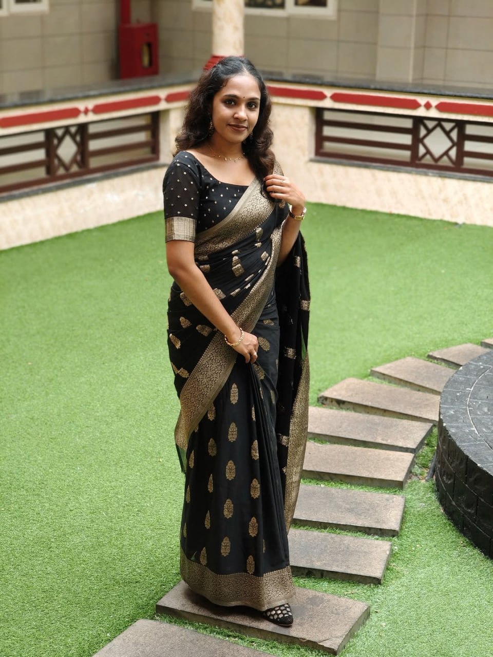 Black Silk Saree with Antique Gold Zari Motifs & Border