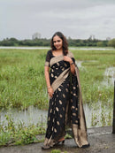 Black Silk Saree with Antique Gold Zari Motifs & Border