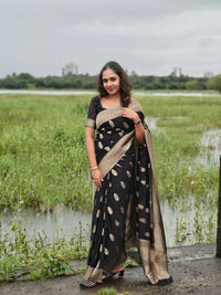 Black Silk Saree with Antique Gold Zari Motifs & Border