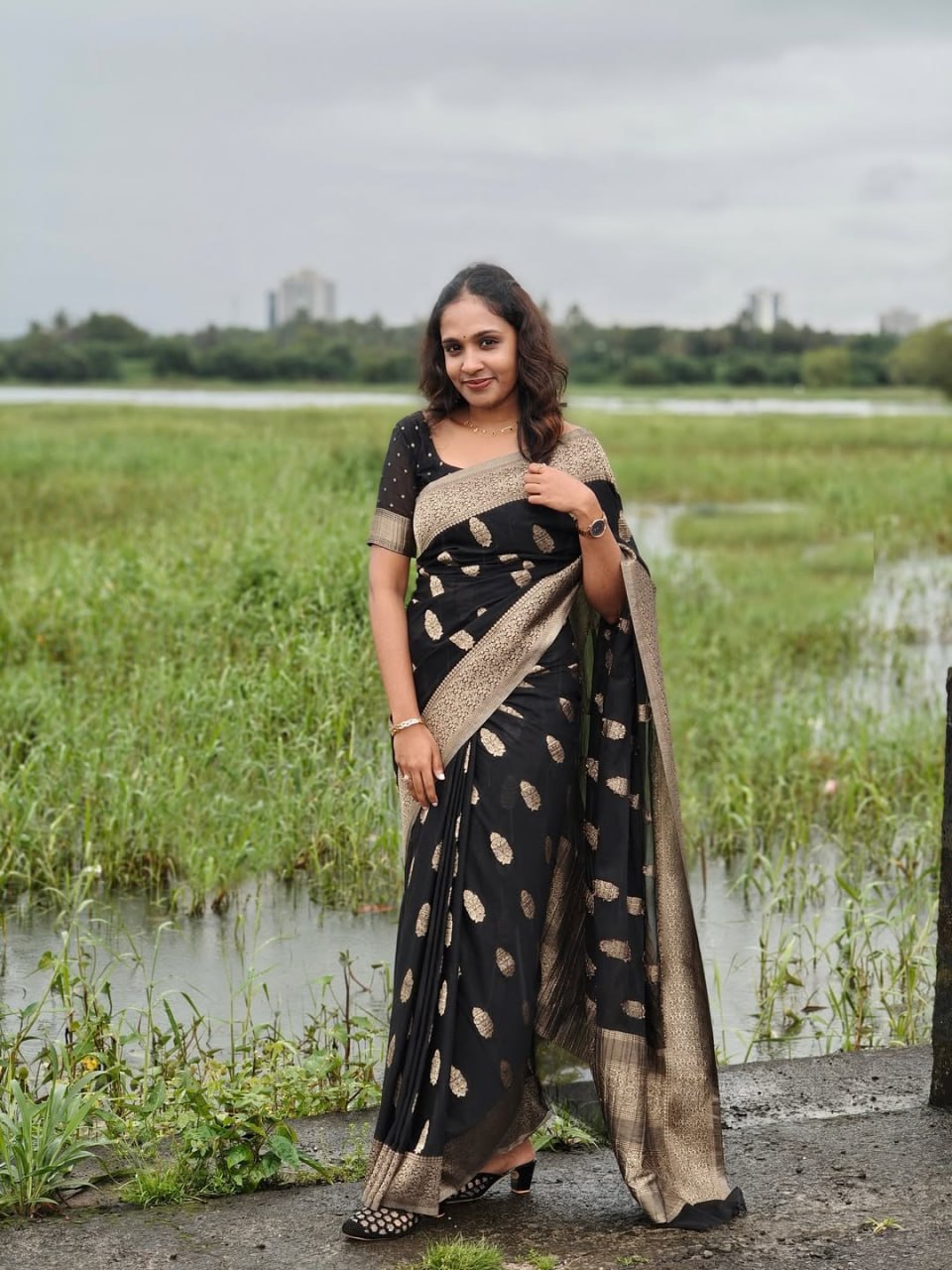 Black Silk Saree with Antique Gold Zari Motifs & Border
