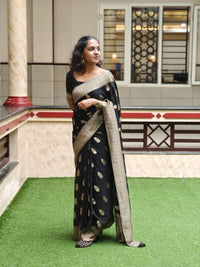 Black Silk Saree with Antique Gold Zari Motifs & Border