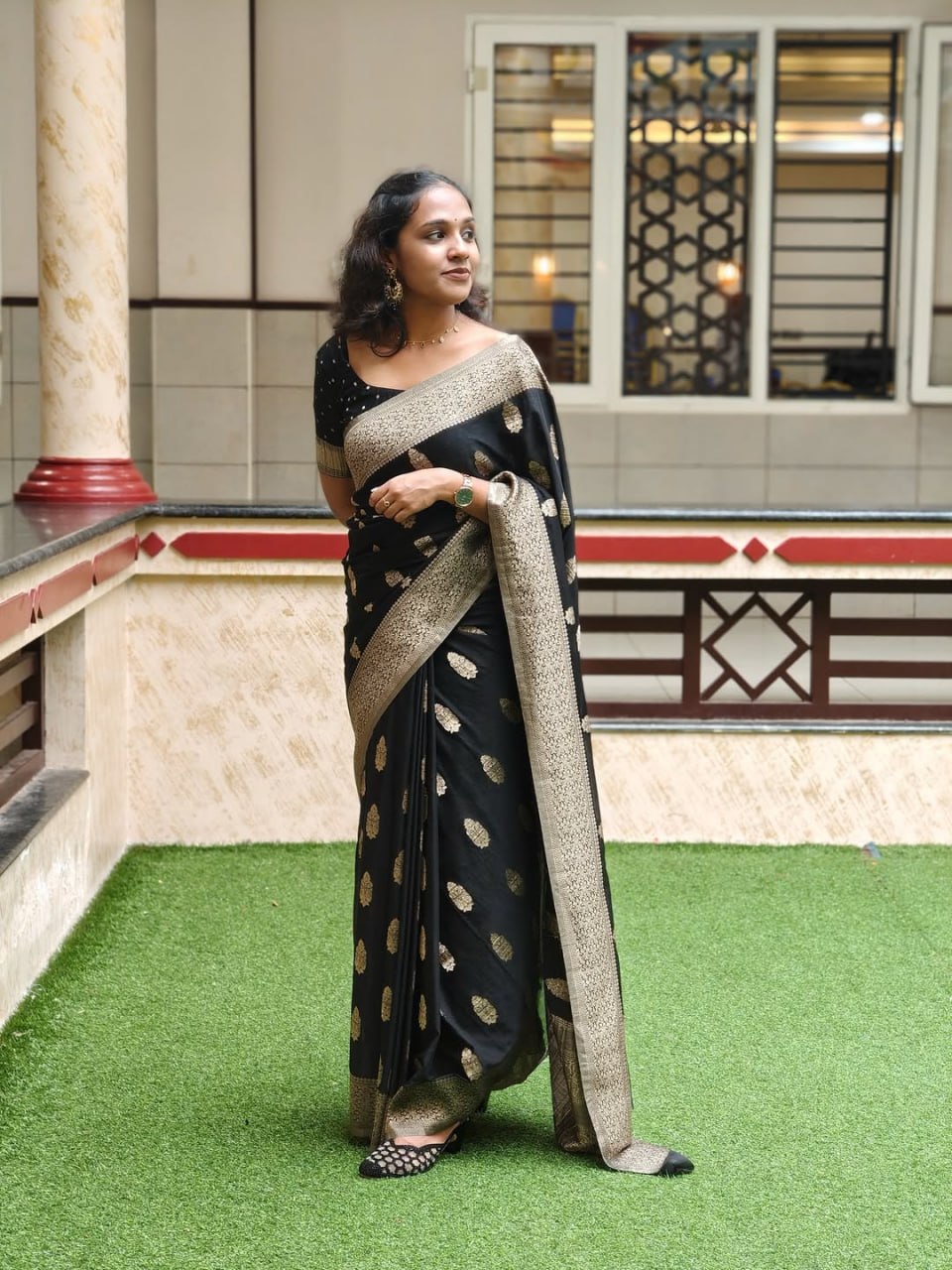 Black Silk Saree with Antique Gold Zari Motifs & Border