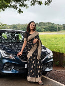 Black Silk Saree with Antique Gold Zari Motifs & Border