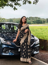 Black Silk Saree with Antique Gold Zari Motifs & Border