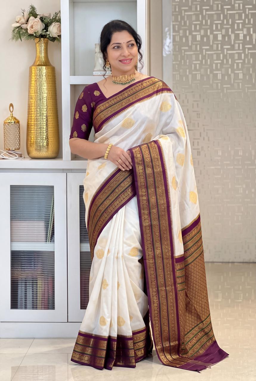 Ivory Silk Saree with Purple Gold Zari Border & Motifs