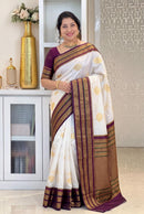 Ivory Silk Saree with Purple Gold Zari Border & Motifs