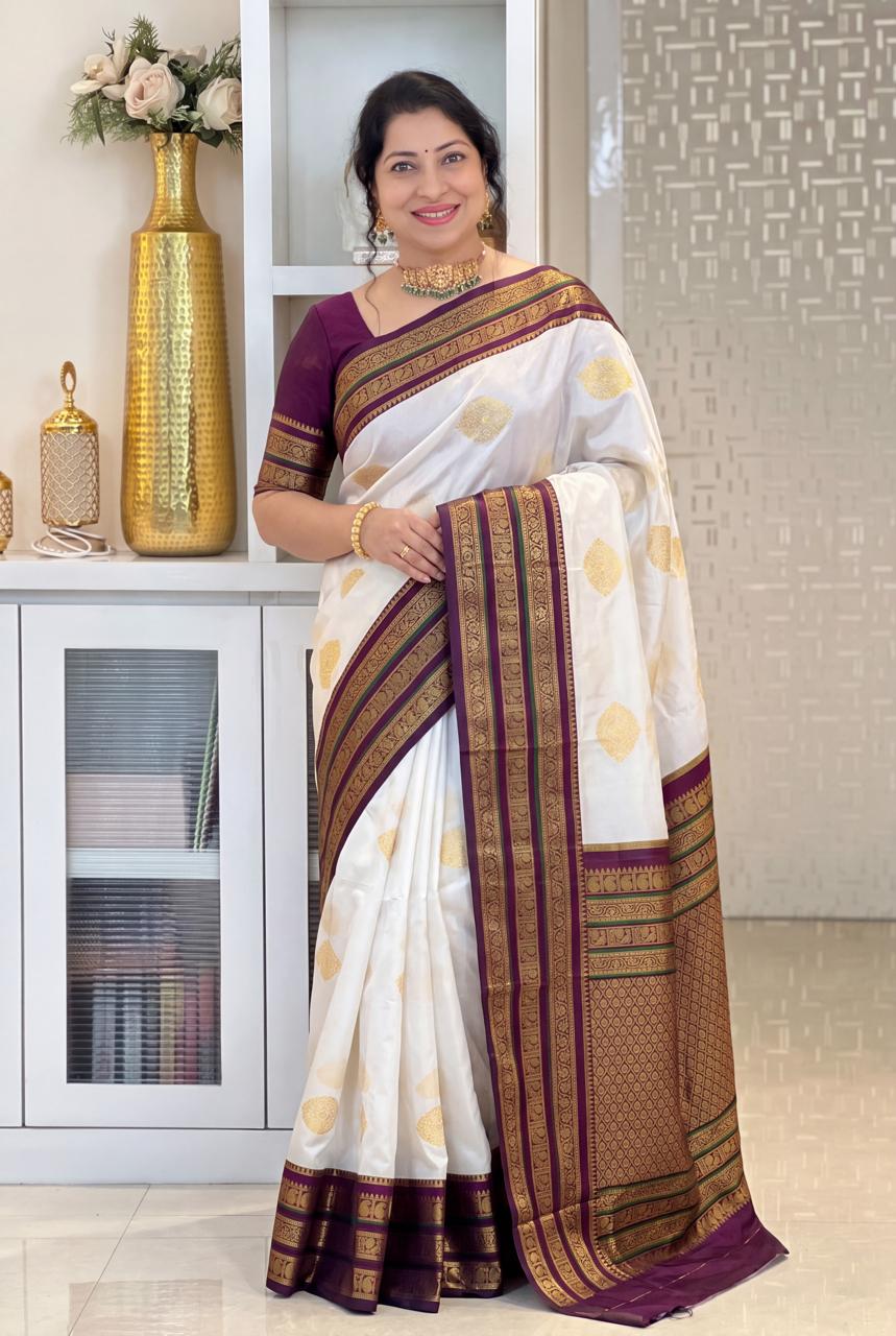 Ivory Silk Saree with Purple Gold Zari Border & Motifs