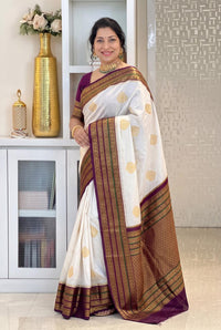 Ivory Silk Saree with Purple Gold Zari Border & Motifs