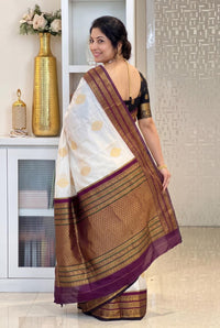 Ivory Silk Saree with Purple Gold Zari Border & Motifs