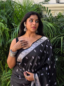 Elegant Black Silk Saree with Silver Zari Motifs & Border