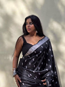 Elegant Black Silk Saree with Silver Zari Motifs & Border