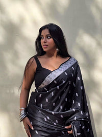 Elegant Black Silk Saree with Silver Zari Motifs & Border
