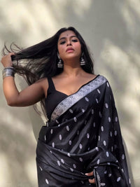 Elegant Black Silk Saree with Silver Zari Motifs & Border