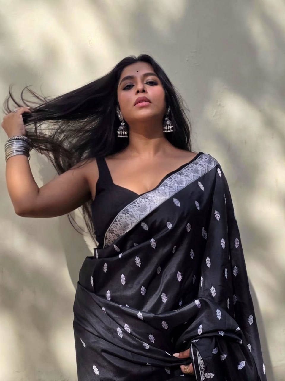 Elegant Black Silk Saree with Silver Zari Motifs & Border