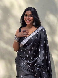 Elegant Black Silk Saree with Silver Zari Motifs & Border