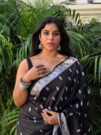Elegant Black Silk Saree with Silver Zari Motifs & Border