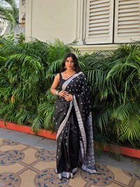 Elegant Black Silk Saree with Silver Zari Motifs & Border
