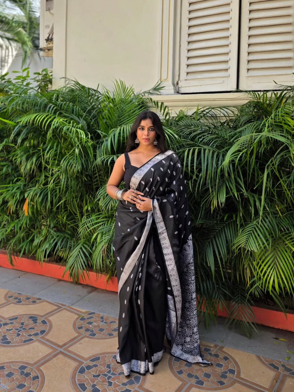Elegant Black Silk Saree with Silver Zari Motifs & Border