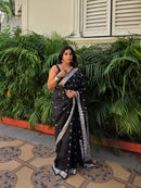 Elegant Black Silk Saree with Silver Zari Motifs & Border