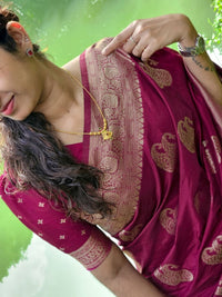 Elegant Magenta Silk Saree with Gold Zari Paisley Motifs