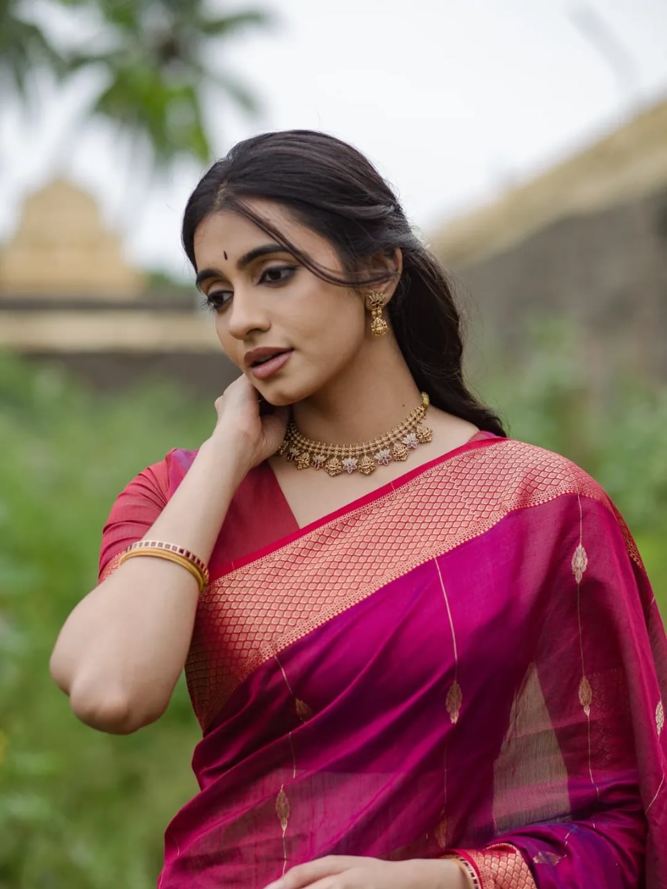 Regal Magenta Silk Saree with Antique Gold Zari Border
