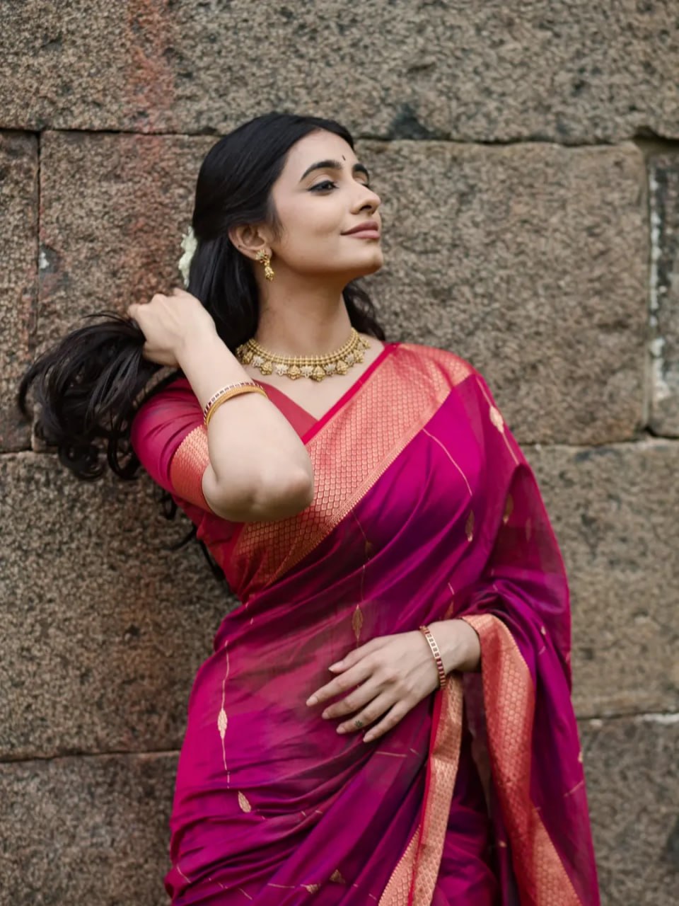 Regal Magenta Silk Saree with Antique Gold Zari Border