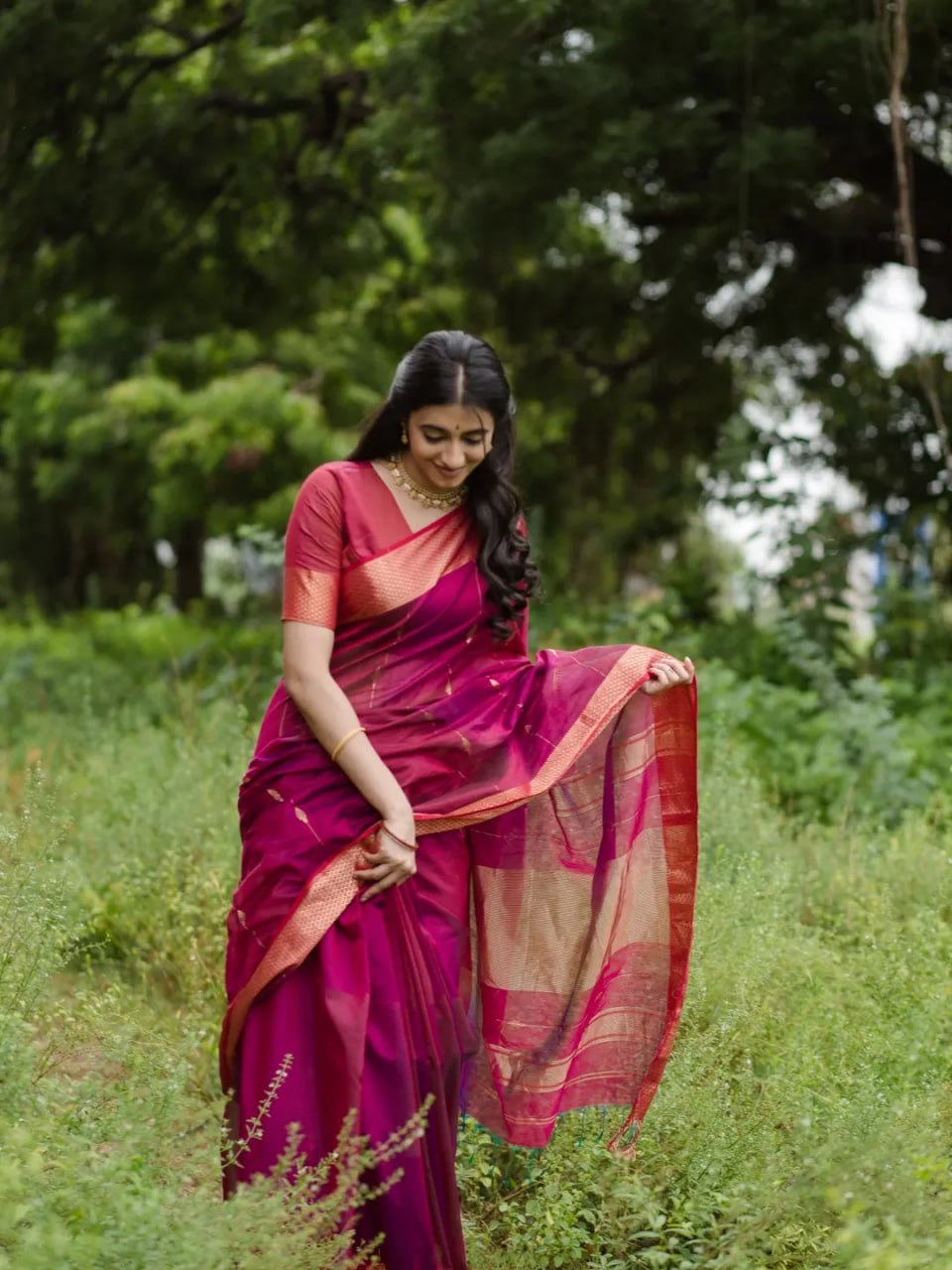 Regal Magenta Silk Saree with Antique Gold Zari Border