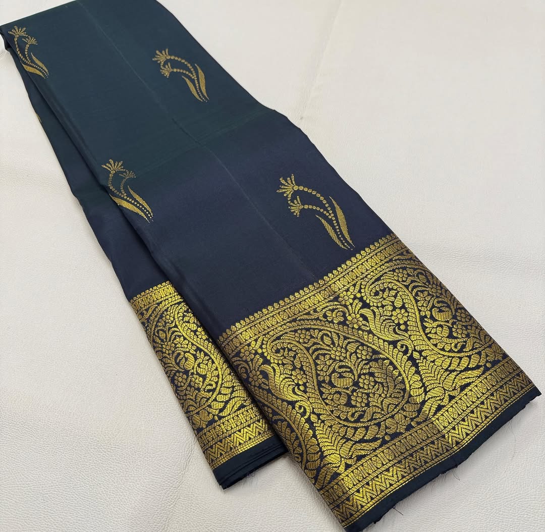 Elegant Navy Blue Silk Saree with Antique Gold Zari