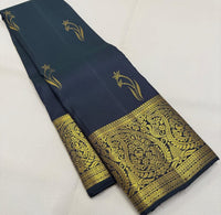 Elegant Navy Blue Silk Saree with Antique Gold Zari