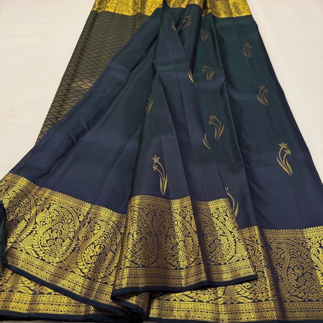 Elegant Navy Blue Silk Saree with Antique Gold Zari