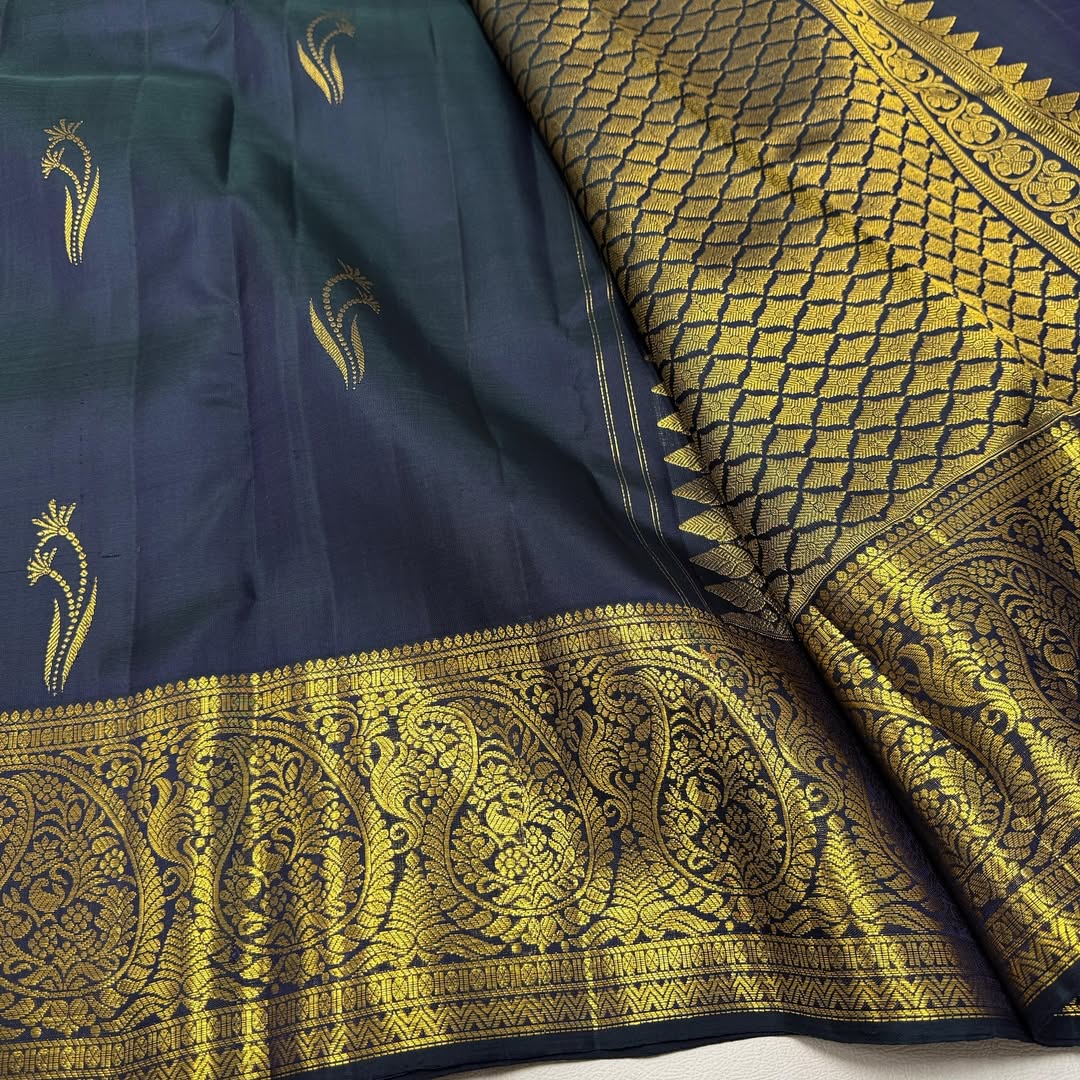 Elegant Navy Blue Silk Saree with Antique Gold Zari