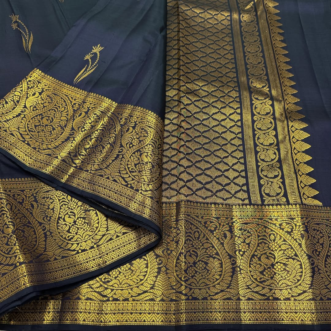 Elegant Navy Blue Silk Saree with Antique Gold Zari