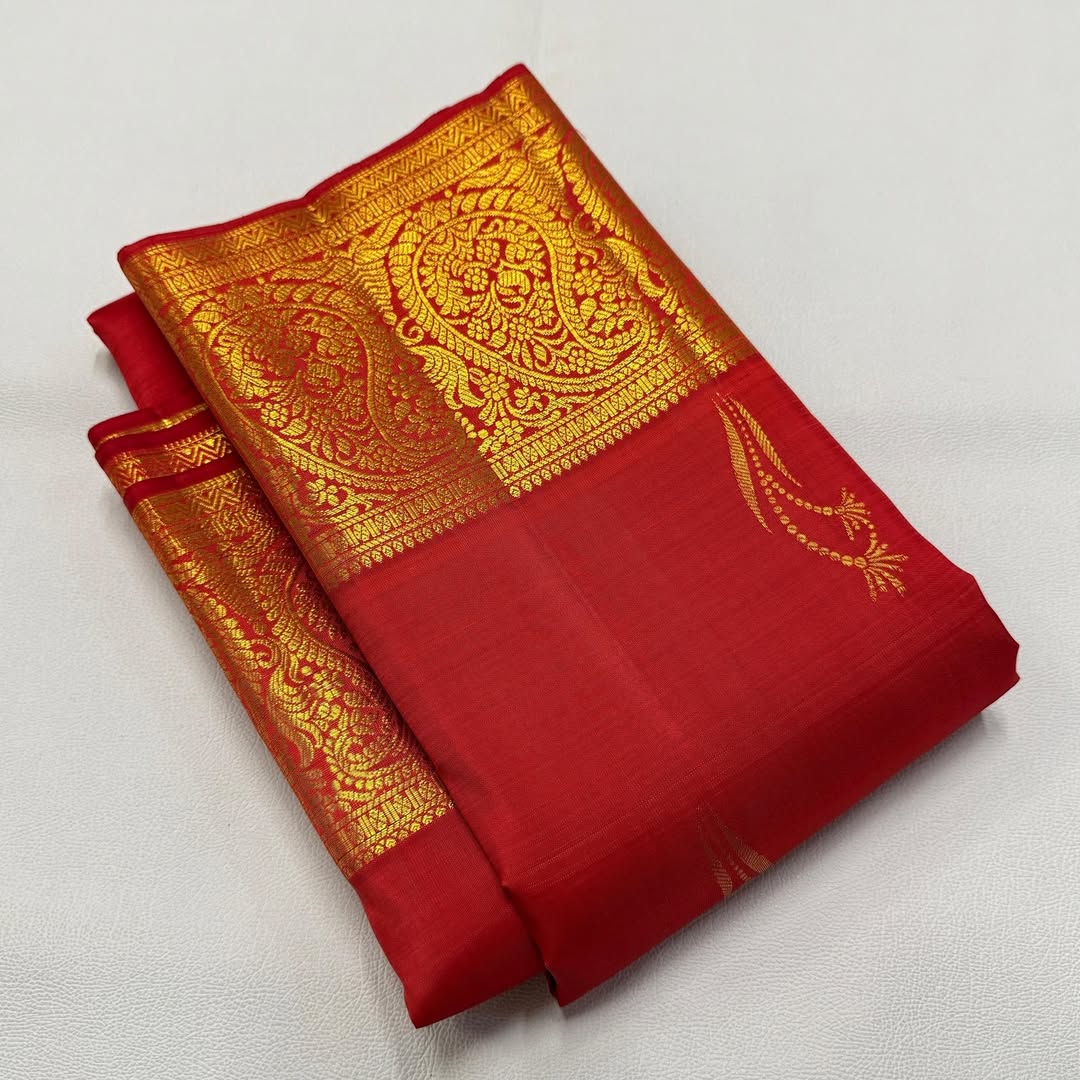 Elegant Red Silk Saree with Antique Gold Zari
