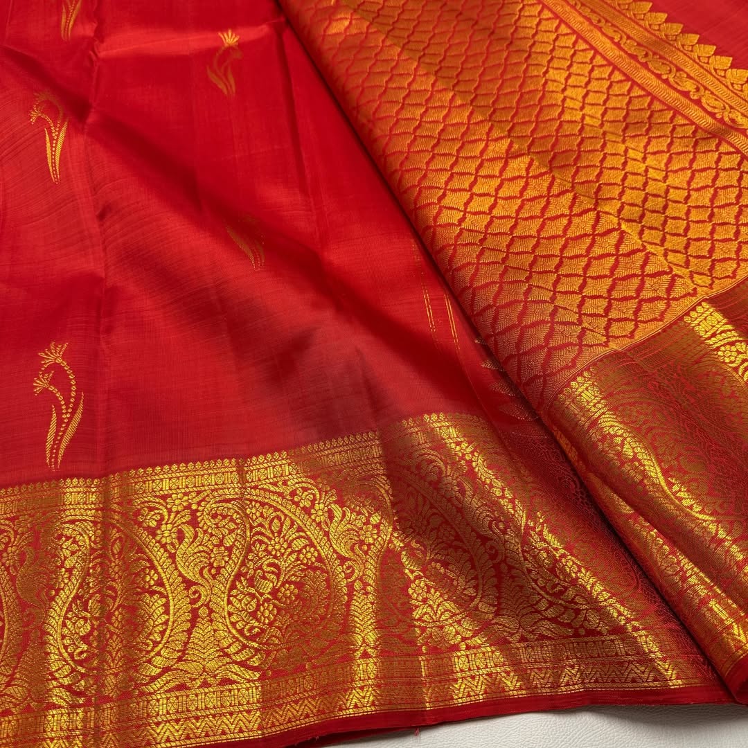 Elegant Red Silk Saree with Antique Gold Zari