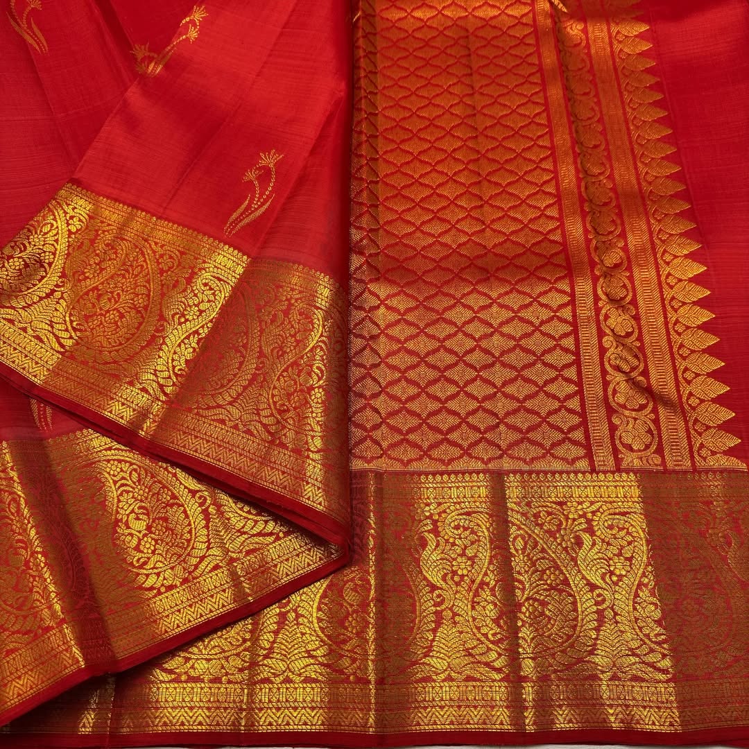 Elegant Red Silk Saree with Antique Gold Zari