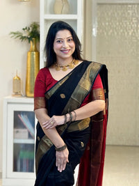 Elegant Black & Red Silk Saree with Gold Border