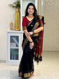 Elegant Black & Red Silk Saree with Gold Border