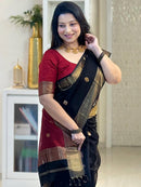Elegant Black & Red Silk Saree with Gold Border