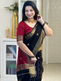 Elegant Black & Red Silk Saree with Gold Border