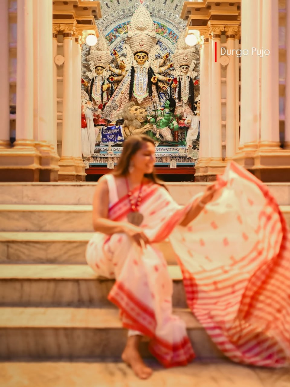 Elegant White & Red Printed Cotton Saree