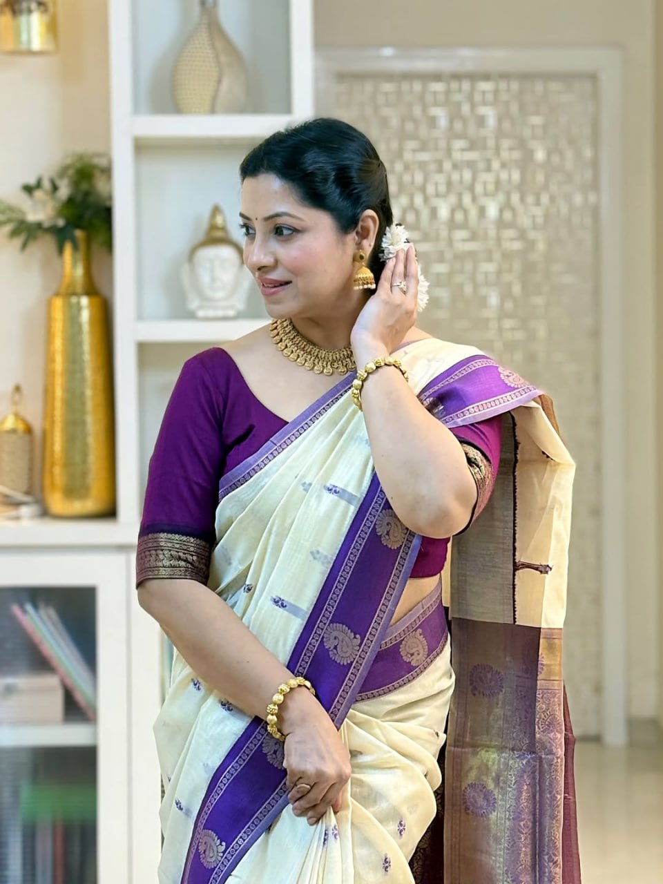 Ivory Cream Cotton Silk Saree with Purple Zari Border