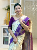 Ivory Cream Cotton Silk Saree with Purple Zari Border