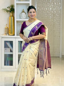 Ivory Cream Cotton Silk Saree with Purple Zari Border